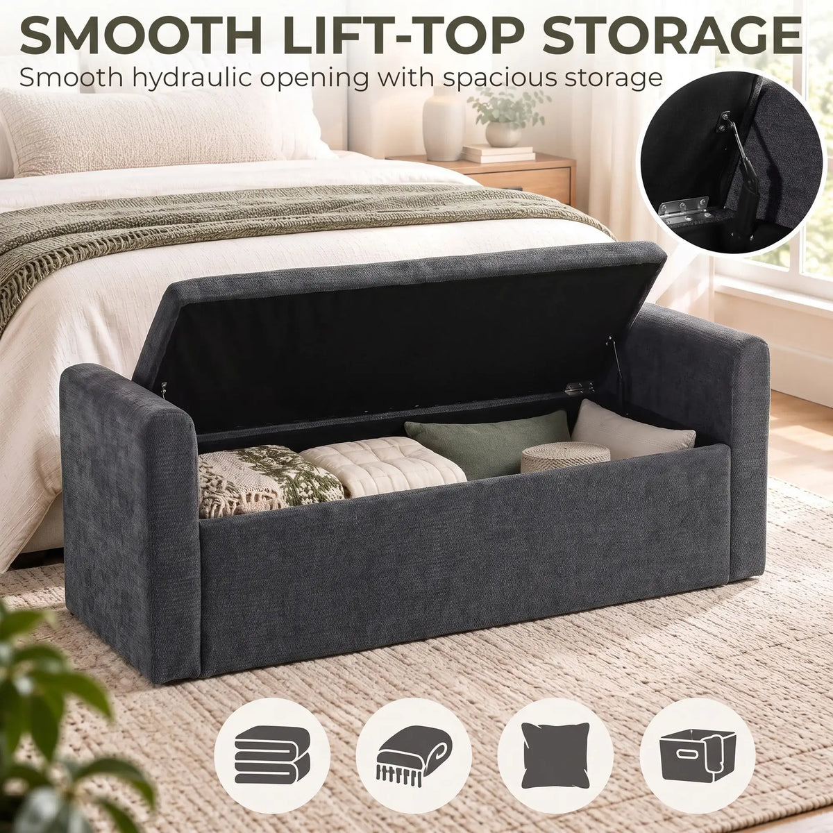 54" Storage Ottoman Bench with Pillows, Dark Grey, Dark Grey Storage Ottomans & Benches at Gallery Canada