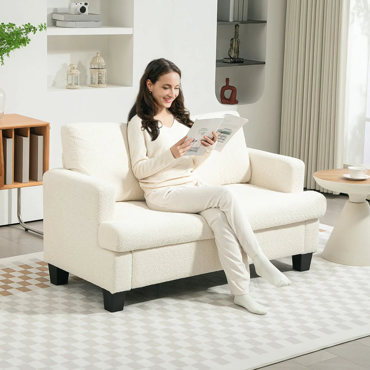 54.3" Loveseat Sofa, 2 Seater, Removable Cushions, Wood Frame, Cream White 2-Seater Sofas at Gallery Canada
