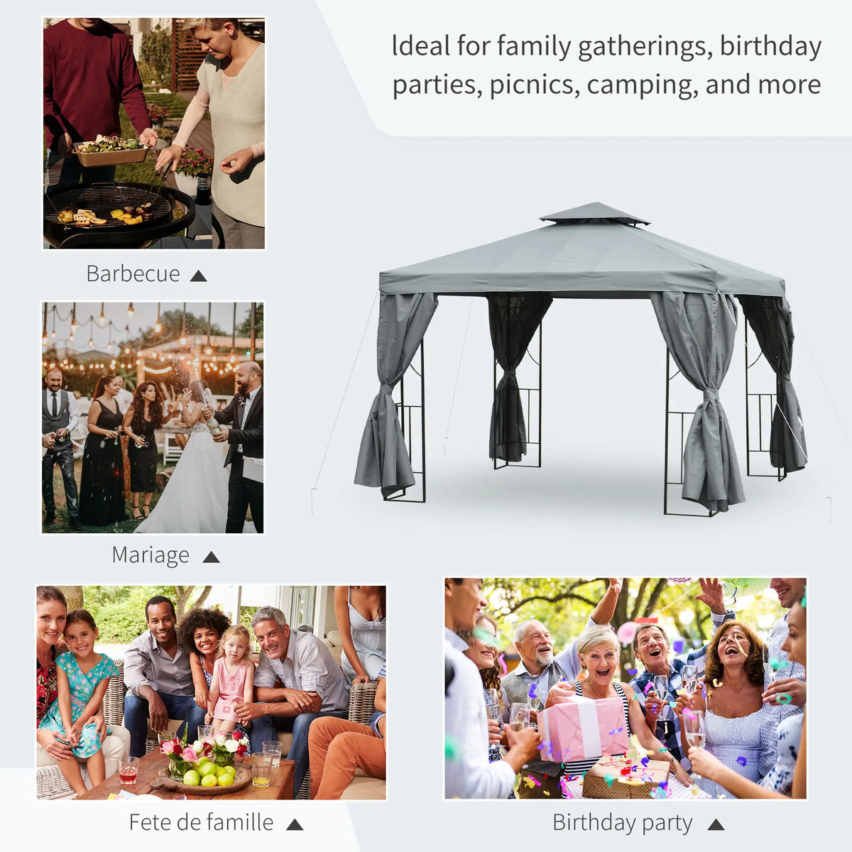 10' x 10' Patio Gazebo, Canopy Shelter with Double-Tier Roof, Dark Grey Gazebos at Gallery Canada