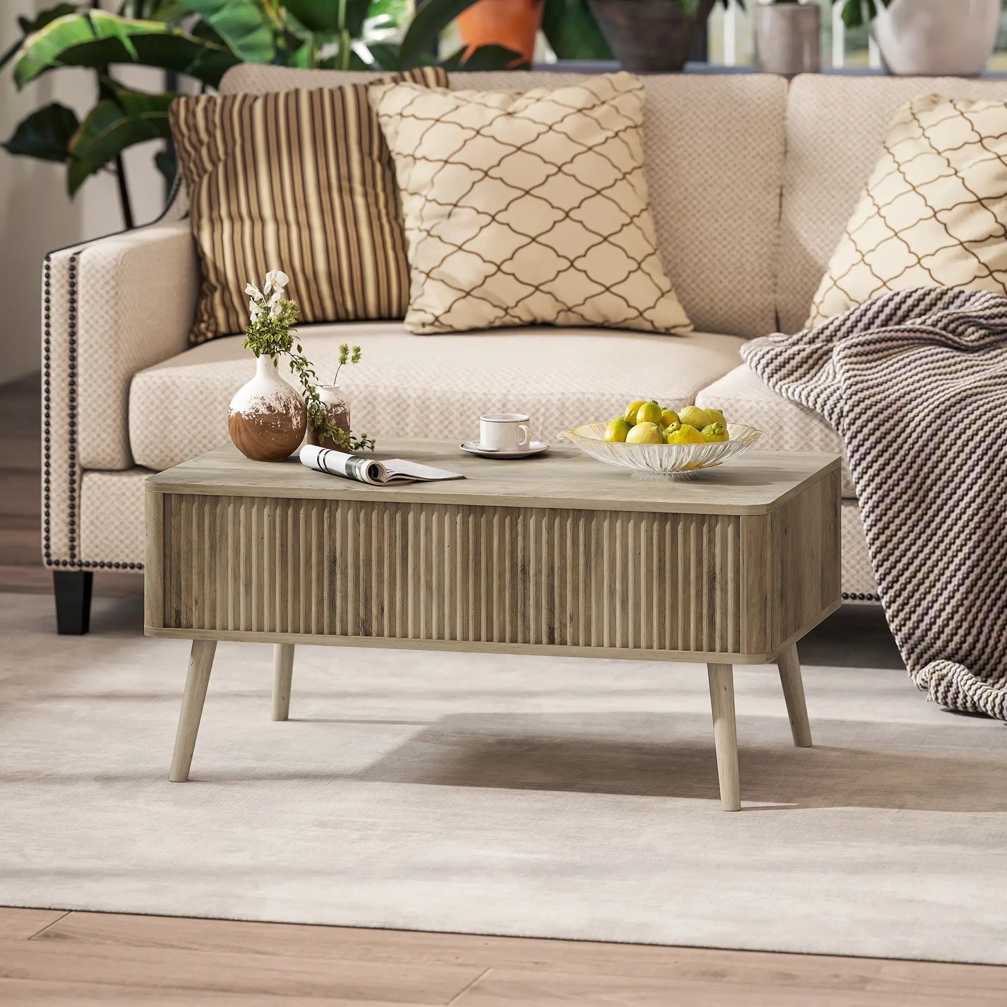Lift Top Coffee Table with Storage, Hidden Compartments, Pine Wood Legs, Oak Coffee Tables at Gallery Canada
