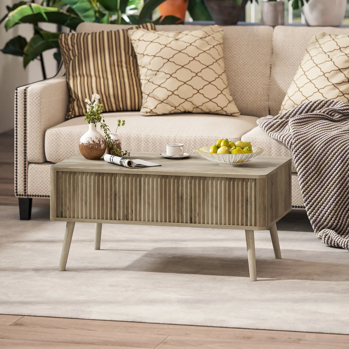 Lift Top Coffee Table with Storage, Hidden Compartments, Pine Wood Legs, Oak Coffee Tables at Gallery Canada