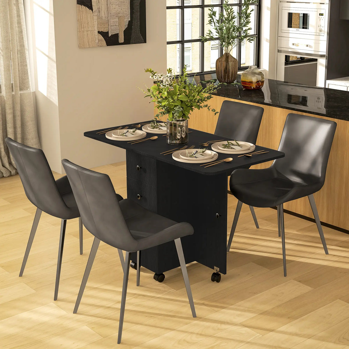 Drop Leaf Dining Table, Mobile Folding Table on Wheels, Black Bar Tables & Dining Tables at Gallery Canada