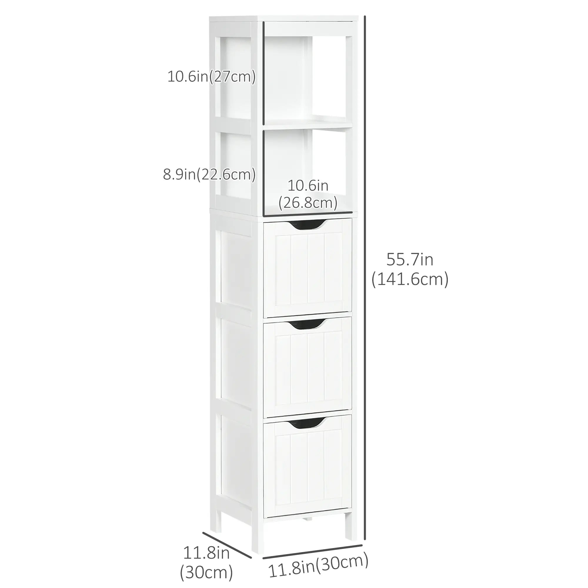 Narrow Bathroom Cabinet, 3 Drawers, 2 Tier Shelf, Tall Cupboard, White Bathroom Cabinets at Gallery Canada