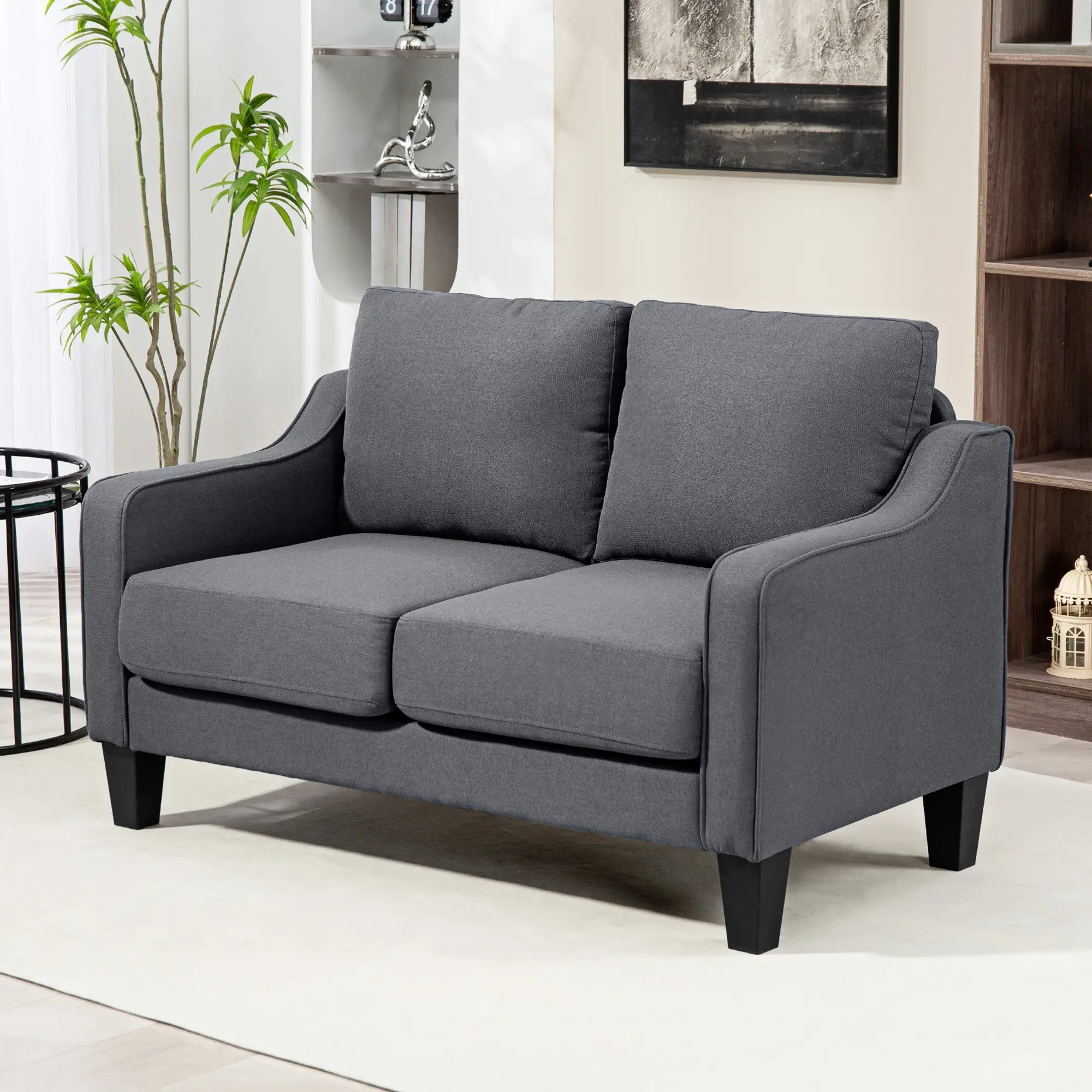 Modern Loveseat Sofa, Pocket Spring, Linen Upholstered, Charcoal Grey 2-Seater Sofas at Gallery Canada