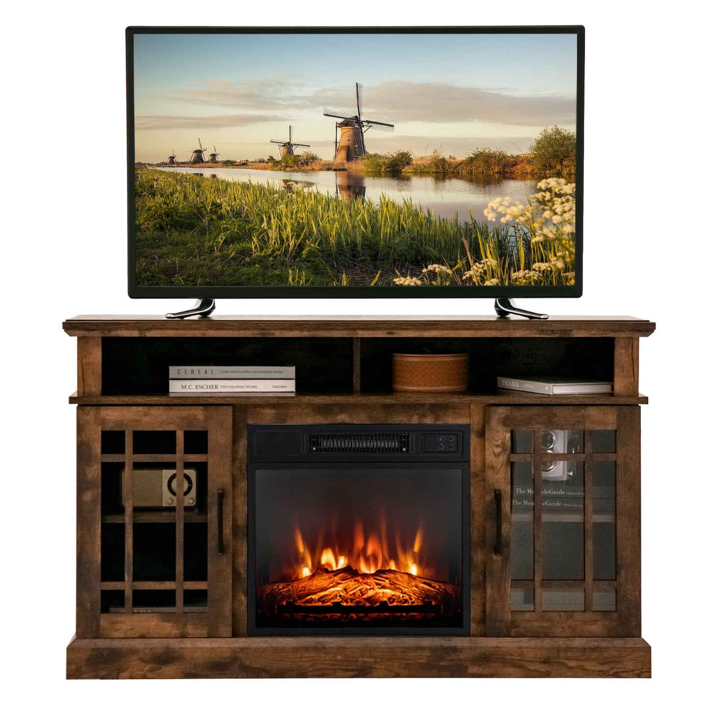 48 Inch Electric Fireplace TV Stand, For TVs Up To 55 Inch, Brown Entertainment Centers & TV Stands at Gallery Canada