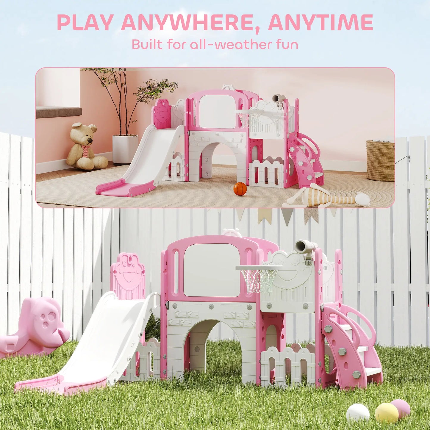 7 In 1 Toddler Slide With Basketball Hoop, Climbing Frame, Telescope, Drawing Board, Storage Box, Pink Gym Sets & Swings at Gallery Canada