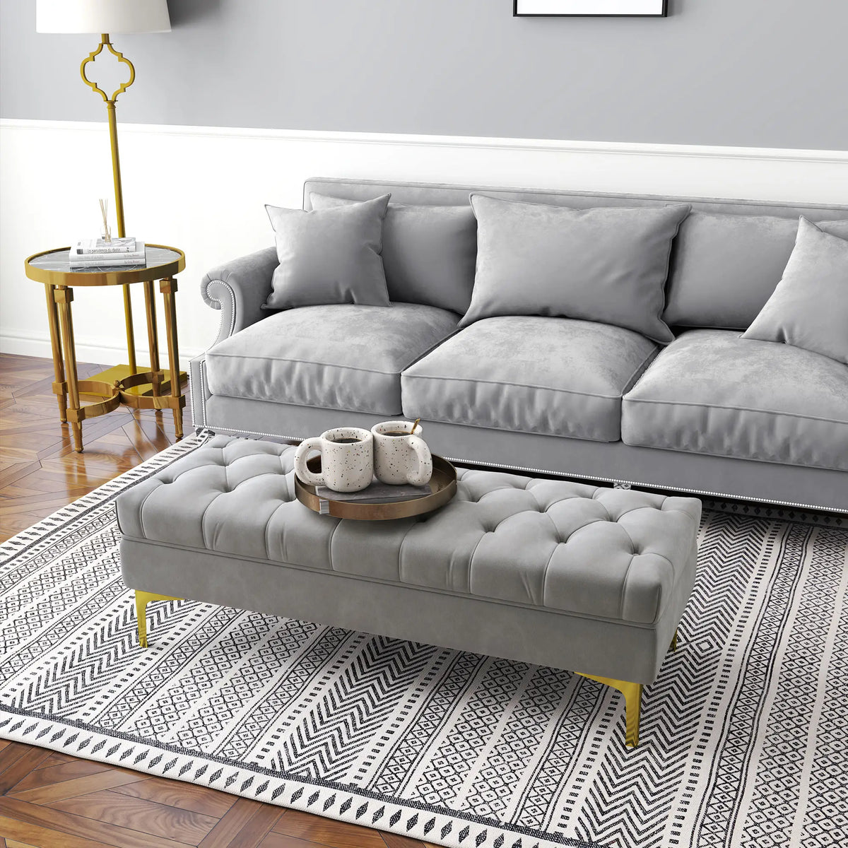 Upholstered End of Bed Bench with Button Tufted, Grey Storage Ottomans & Benches at Gallery Canada