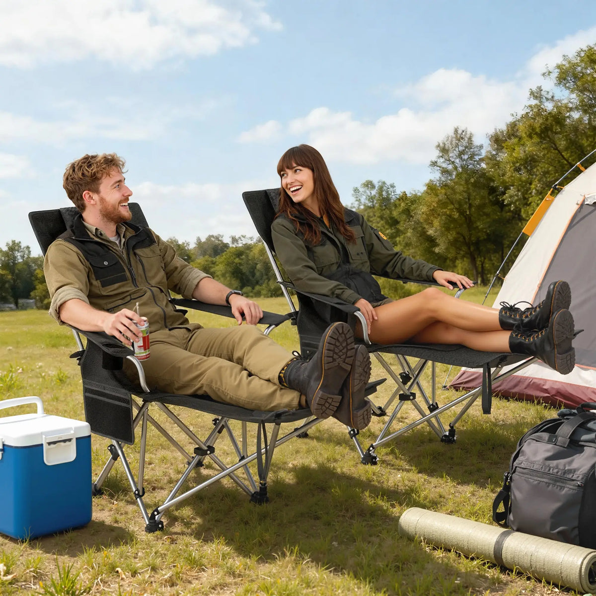 Set of 2 Reclining Camping Chairs with Foot Rest, Headrest, Cup Holder, Storage Bag, Black Picnic Tables & Camping Chairs at Gallery Canada