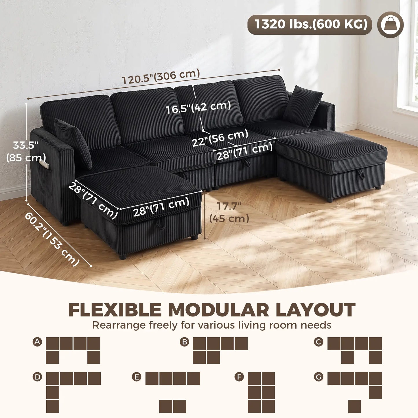 Canapé modulaire en velours côtelé en forme de U, pouf de rangement double, 4 coussins, gris foncé