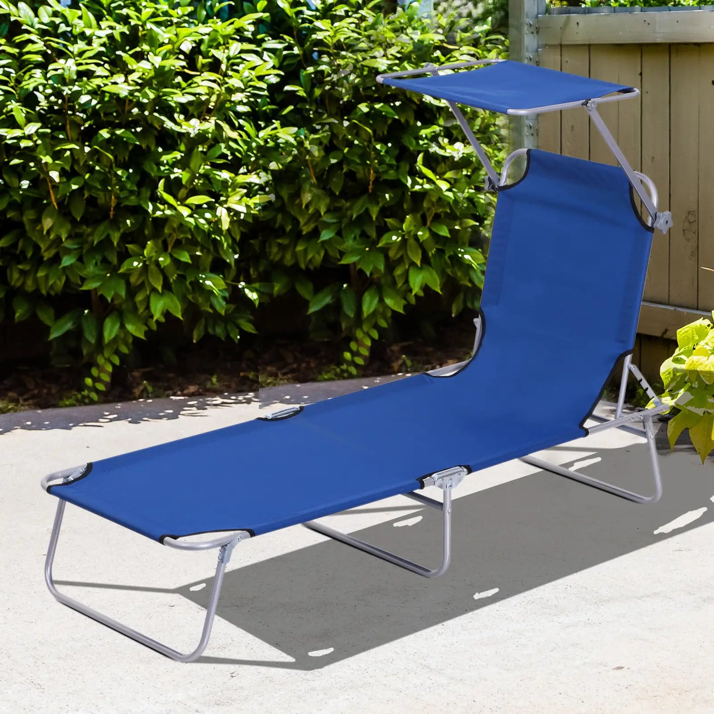 Outdoor Lounge Chair, Adjustable Folding Chaise, Tanning Chair with Shade, Blue Lounger Chairs at Gallery Canada