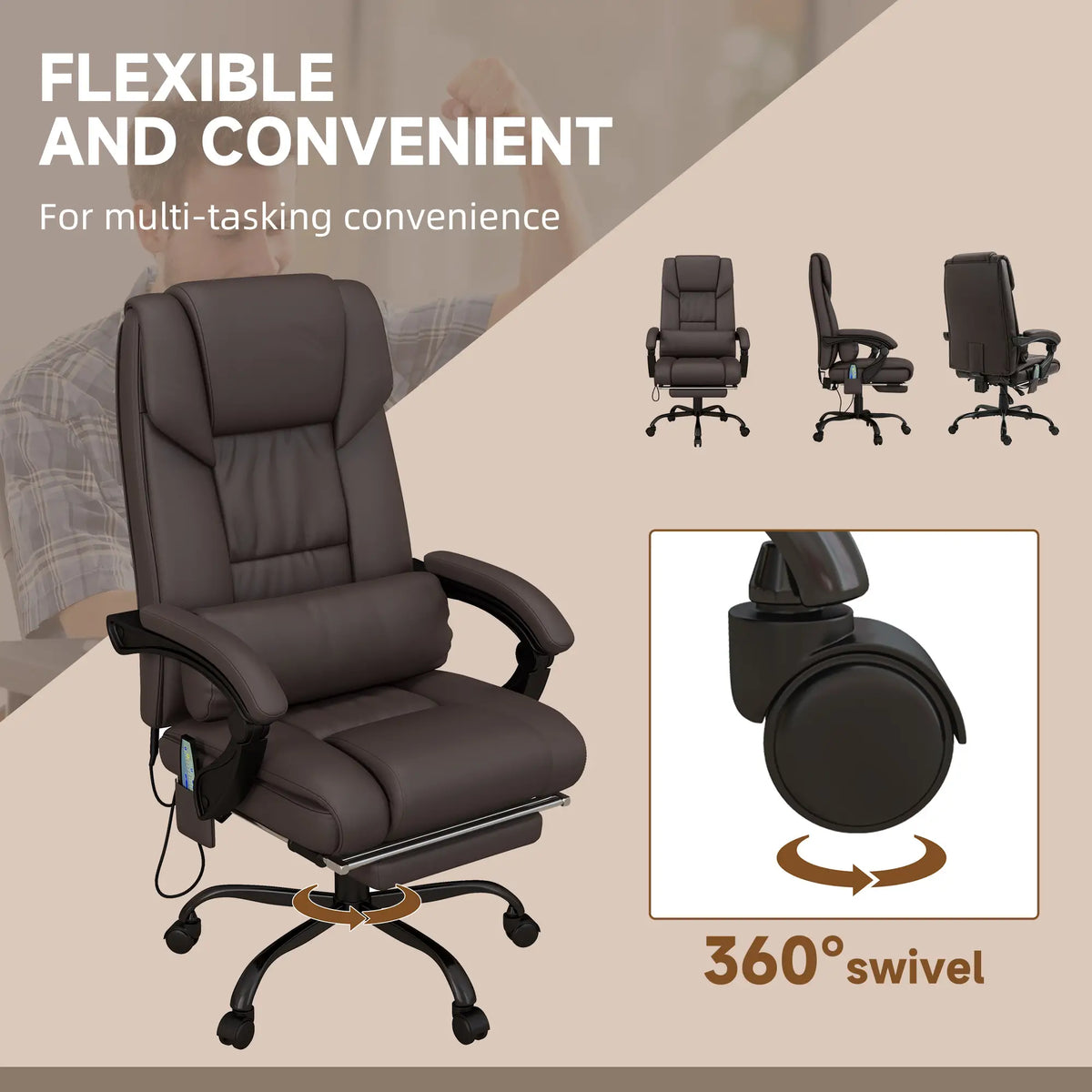 6-Point Vibration Massage Chair, Height Adjustable, Reclining, Brown Executive & Manager Chairs at Gallery Canada