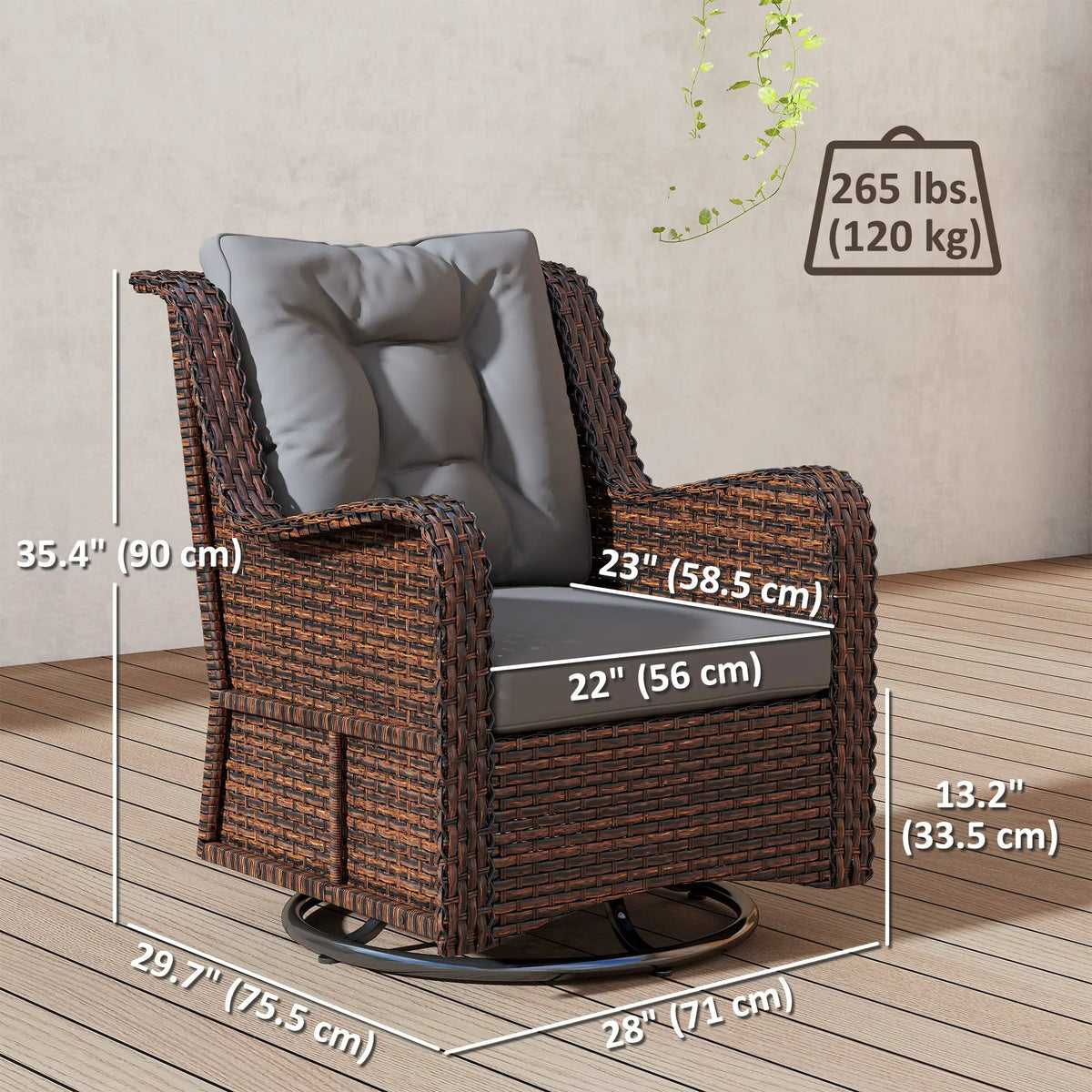 PE Rattan Swivel Patio Chair with Cushion, Dark Grey Patio Chairs at Gallery Canada