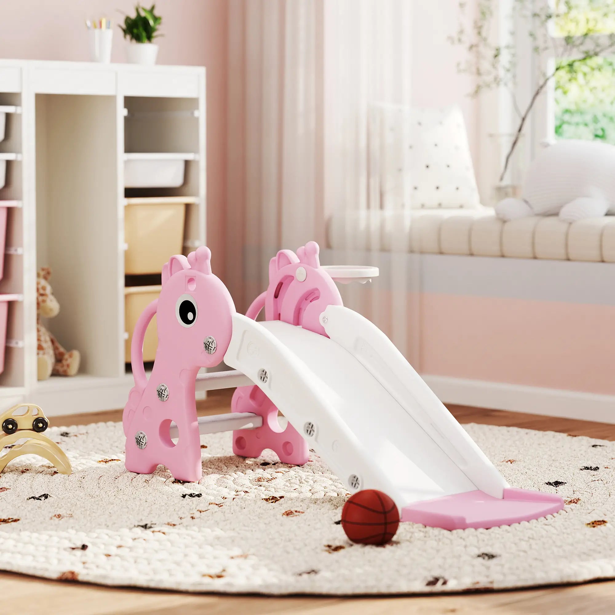 3 in 1 Toddler Slide, Climber, Basketball Hoop, Giraffe Design, Pink Gym Sets & Swings at Gallery Canada