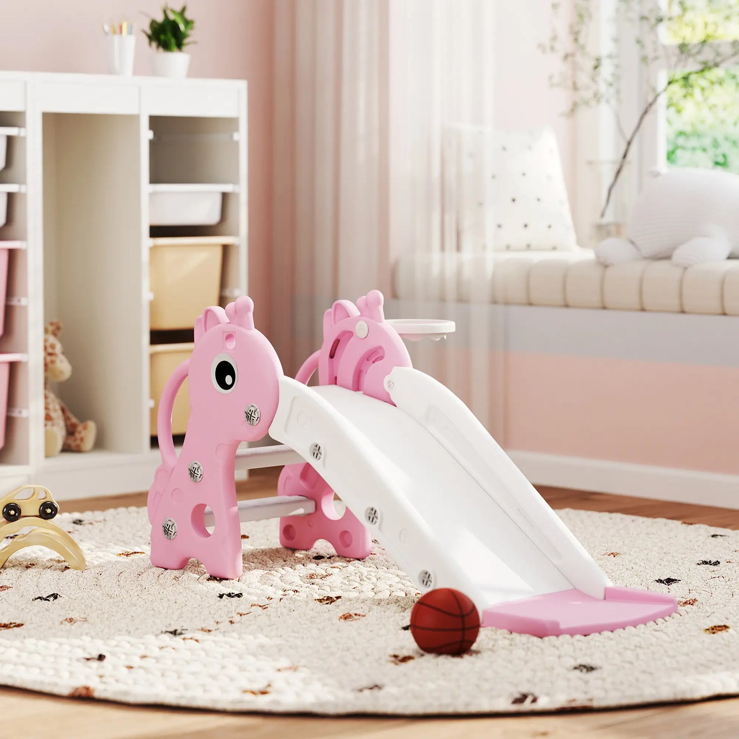 3 in 1 Toddler Slide, Climber, Basketball Hoop, Giraffe Design, Pink Gym Sets & Swings at Gallery Canada