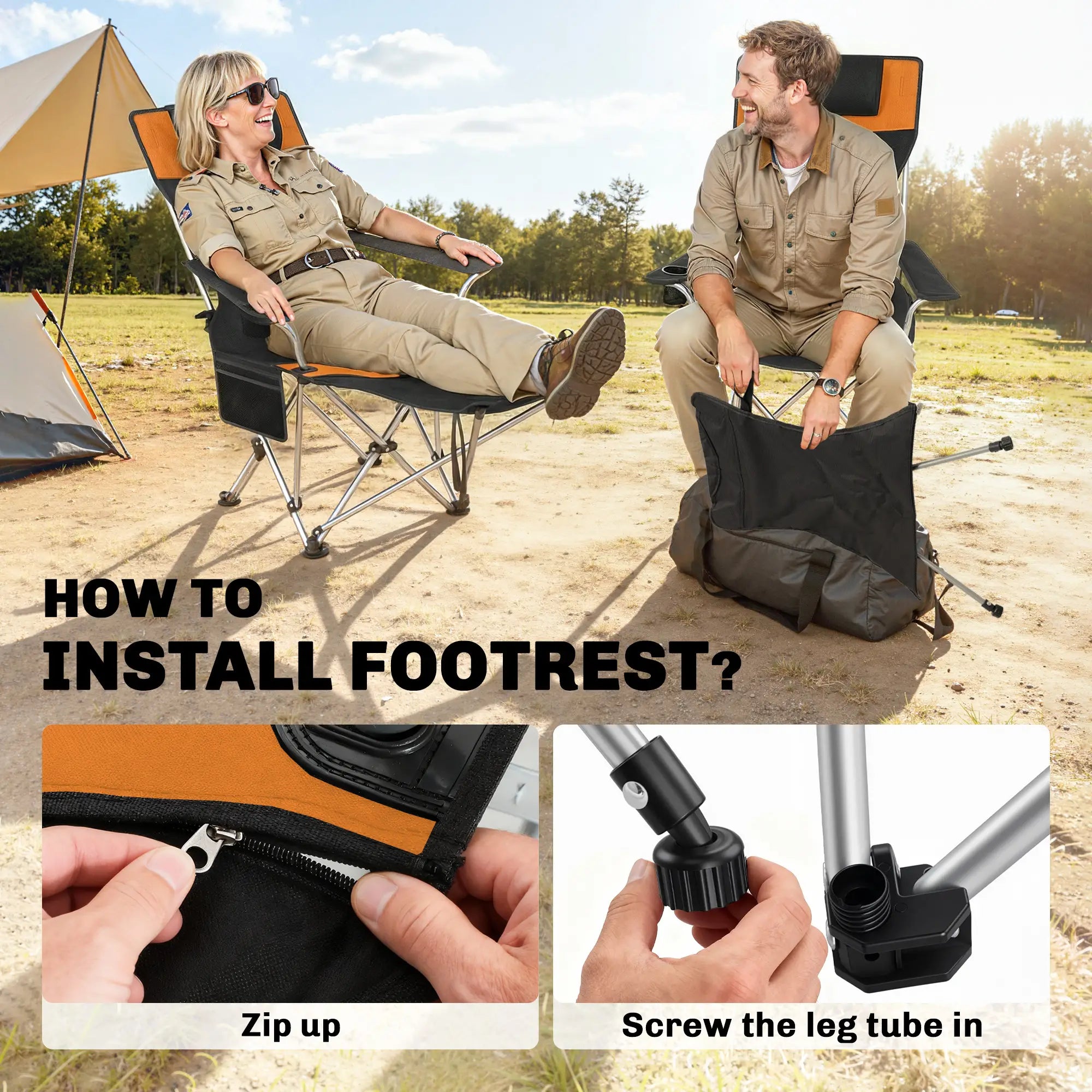 Reclining Camping Chair Set With Foot Rest, Headrest, Cup Holder, Storage Bag, Orange Picnic Tables & Camping Chairs at Gallery Canada