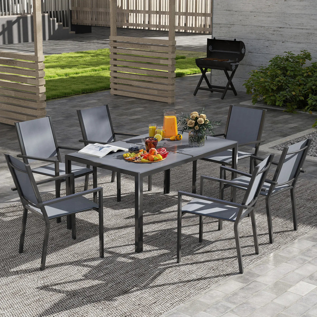 7-Piece Outdoor Dining Set, 6 Stackable Chairs, Rectangle Table, WPC Top Outdoor Dining Sets at Gallery Canada