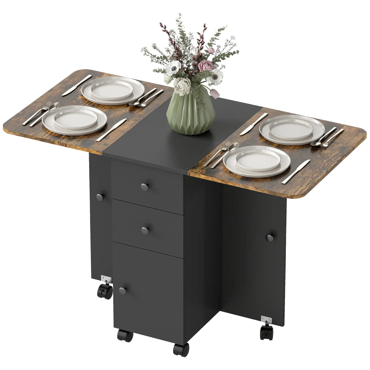 Drop Leaf Dining Table On Wheels With Drawers, Rustic Brown And Black, Brown, Black Dining Tables Rustic Brown, Black at Gallery Canada