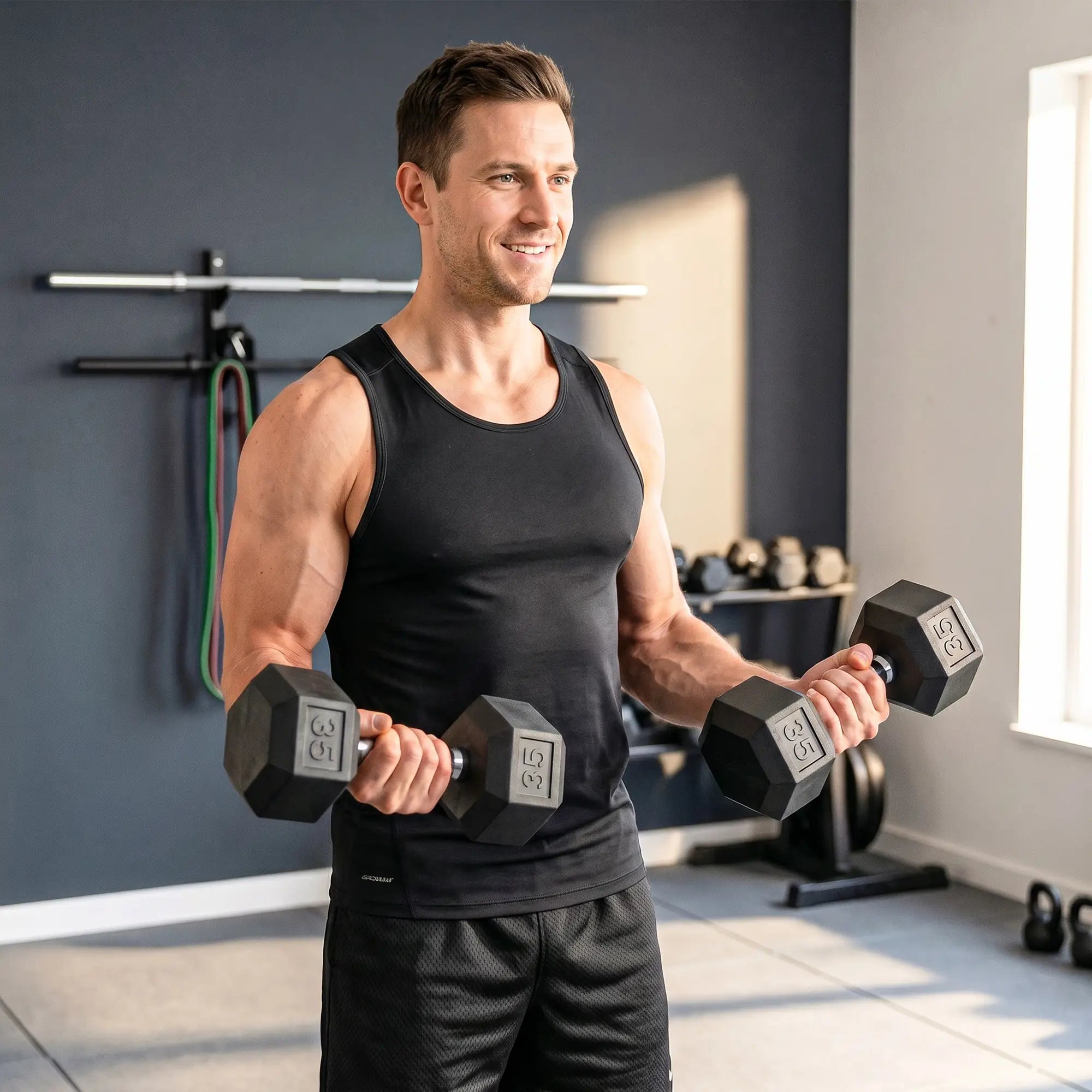 2X35 lbs Rubber Hex Dumbbell Set, Black, Black Dumbbells & Barbells at Gallery Canada