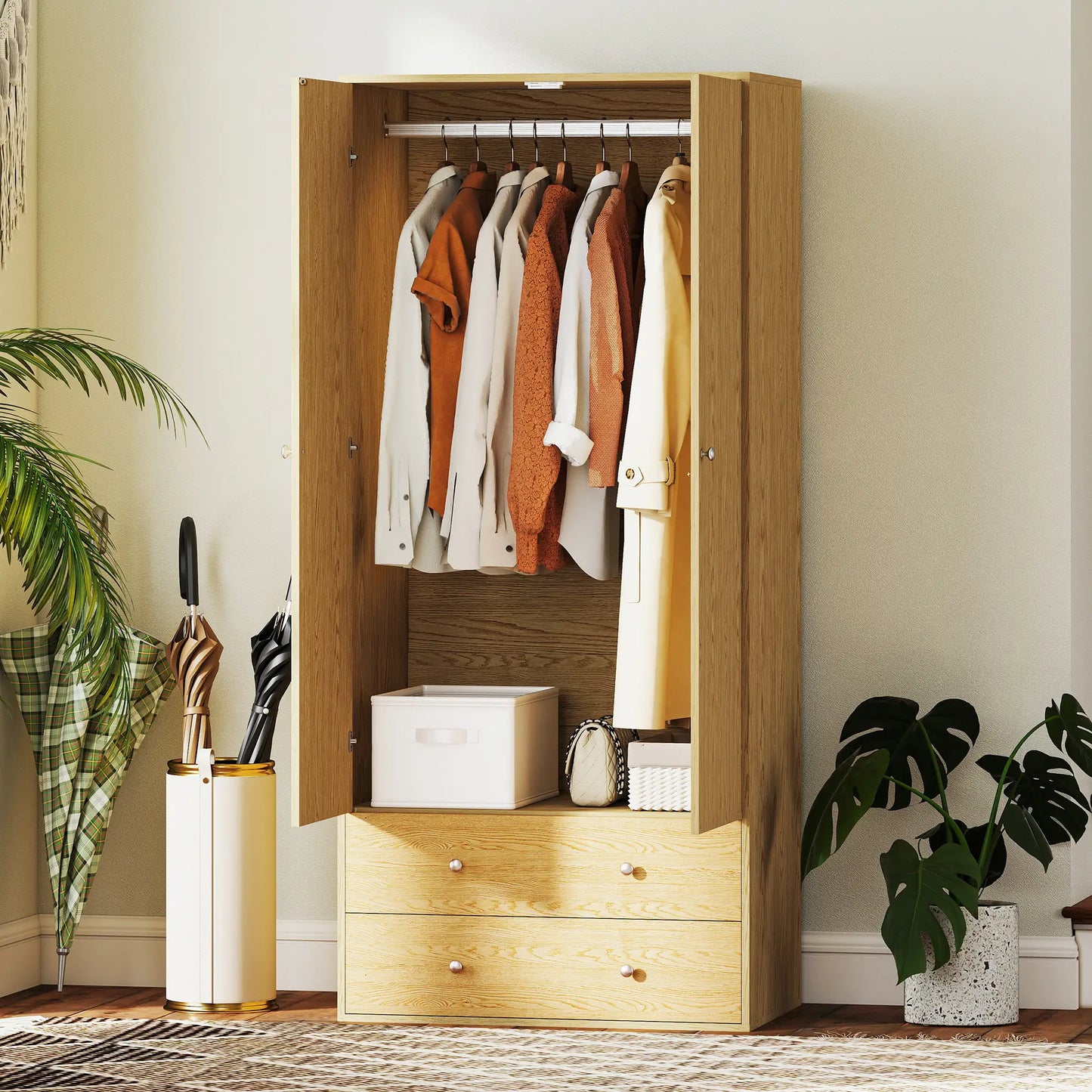 Modern Wardrobe Closet, 2 Drawers, Hanging Rod, Natural Wood Clothing Storage at Gallery Canada