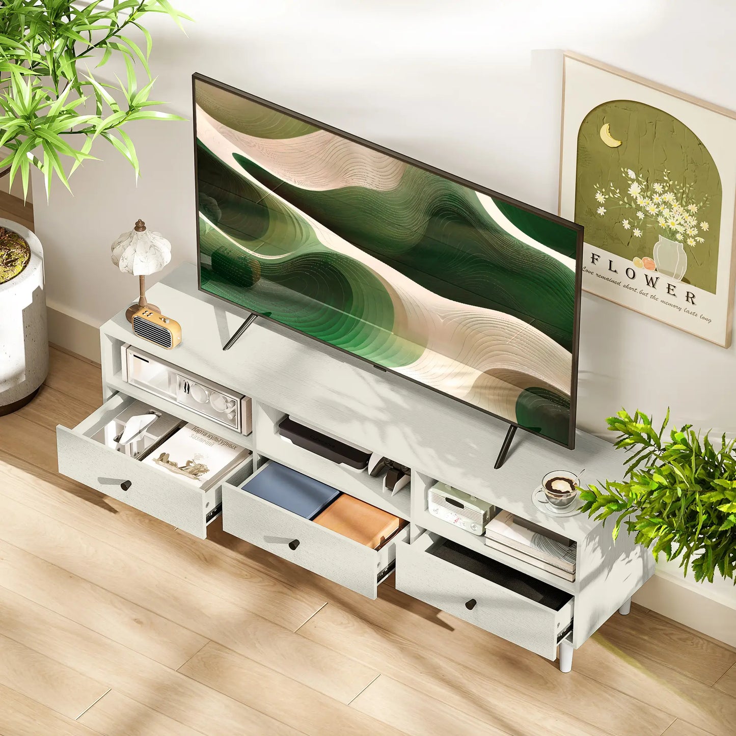 TV Stand for 75 Inches, 3 Storage Shelves, 3 Drawers, White TV Stands at Gallery Canada