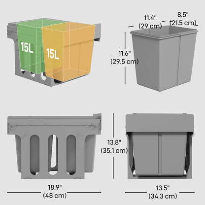 Pull Out Bin, Under Sink Garbage Can, 2 Compartments, 4 Gallon Each, Light Grey, Light Grey Household Supplies at Gallery Canada