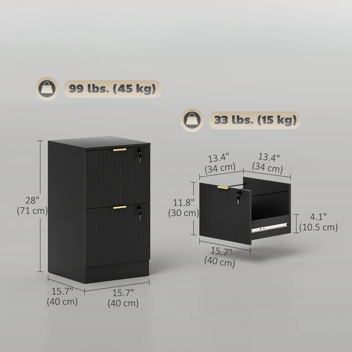 Lockable Filing Cabinet, 2 Fluted Drawers, Adjustable Hanging Rails, Black Office Cabinets & Cupboards at Gallery Canada