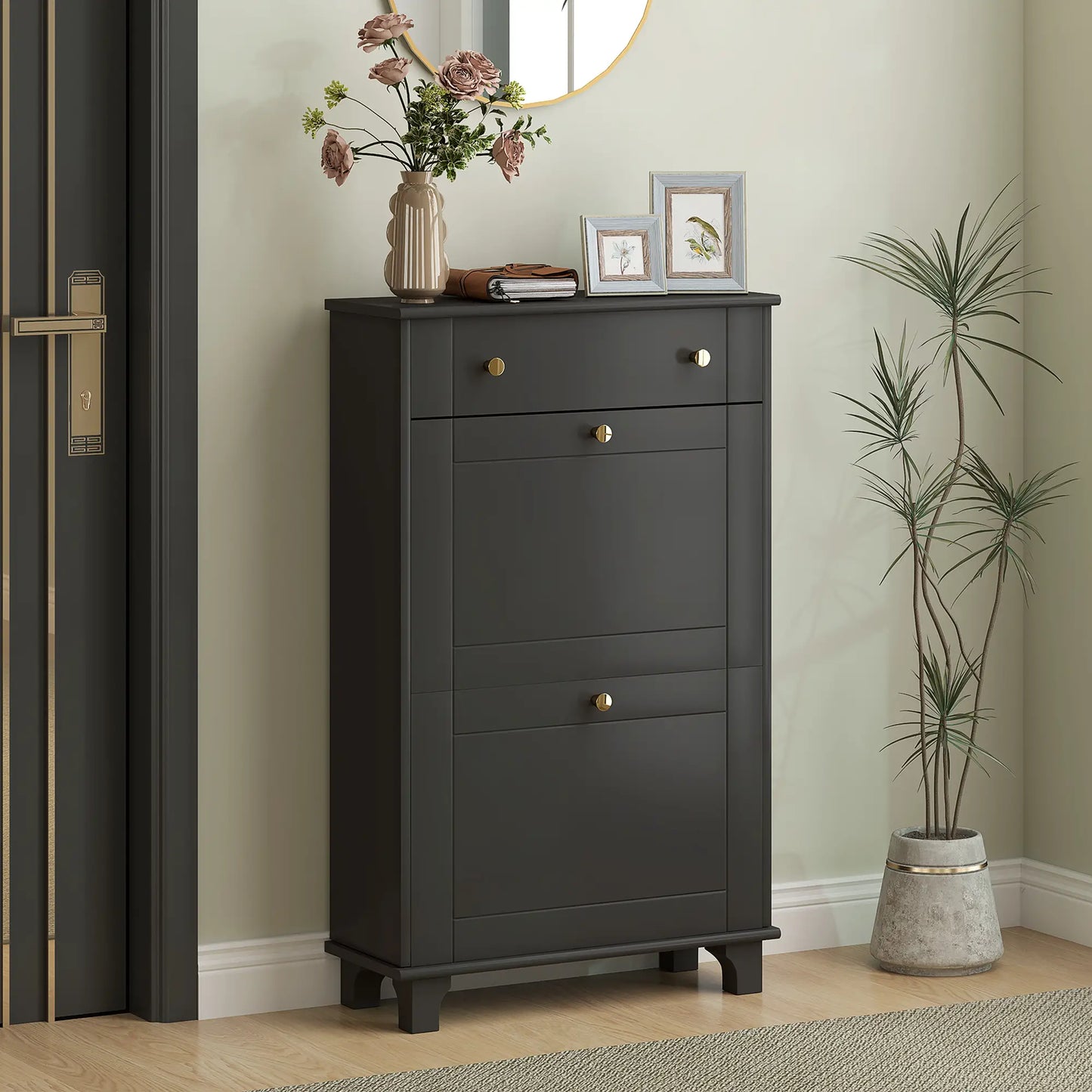 Slim Shoe Storage, 2 Flip Drawers, Adjustable Shelves, 8 Pair, Black Shoe Storage Cabinets & Racks at Gallery Canada