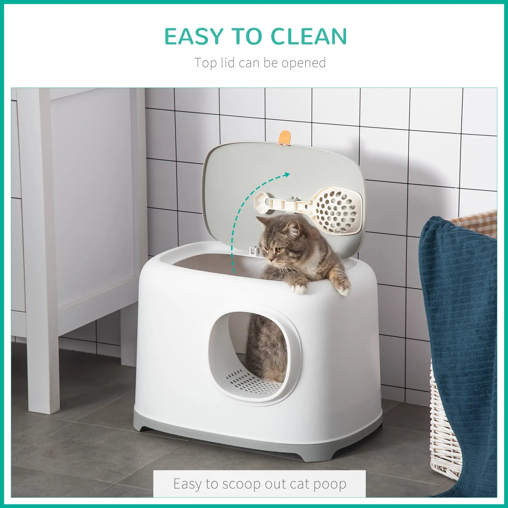 Cat Litter Box, Anti-Sand Tunnel, Scoop, Open Top, White Cat Litter Box Enclosures at Gallery Canada