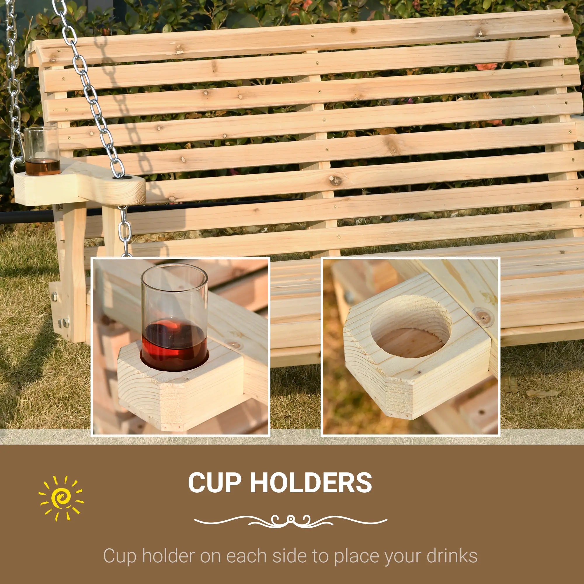 2 Seater Wooden Porch Swing, Patio Chair with Cup Holder, Chains, Natural Hanging Porch Swings at Gallery Canada