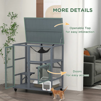 Wooden Cat Condo on Wheels, Cat Flap Door, Hammock, Light Grey Outdoor Cat Enclosures at Gallery Canada