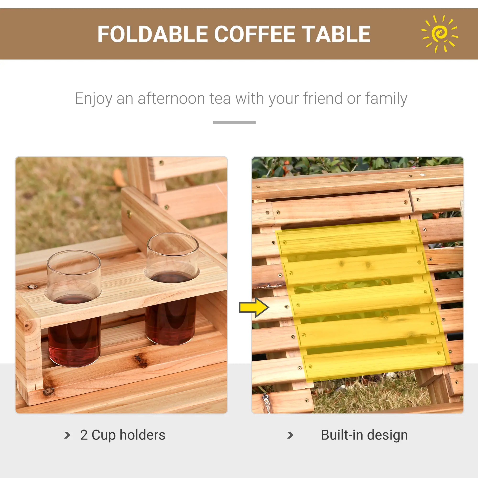3 Seater Wood Patio Swing, Foldable Table, Cup Holders, Steel Chains, Natural Hanging Porch Swings at Gallery Canada