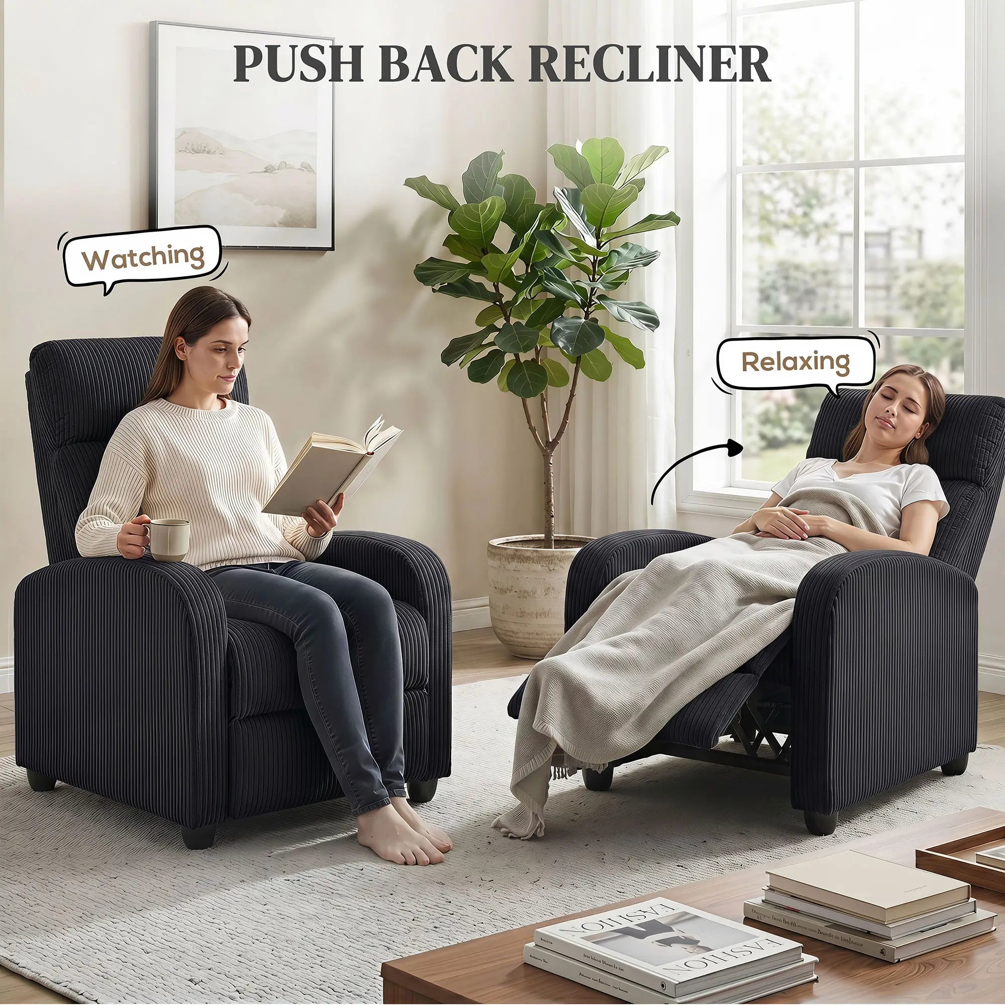 Corduroy Push Back Recliner Chair, Padded Seat, Black Single Sofas at Gallery Canada