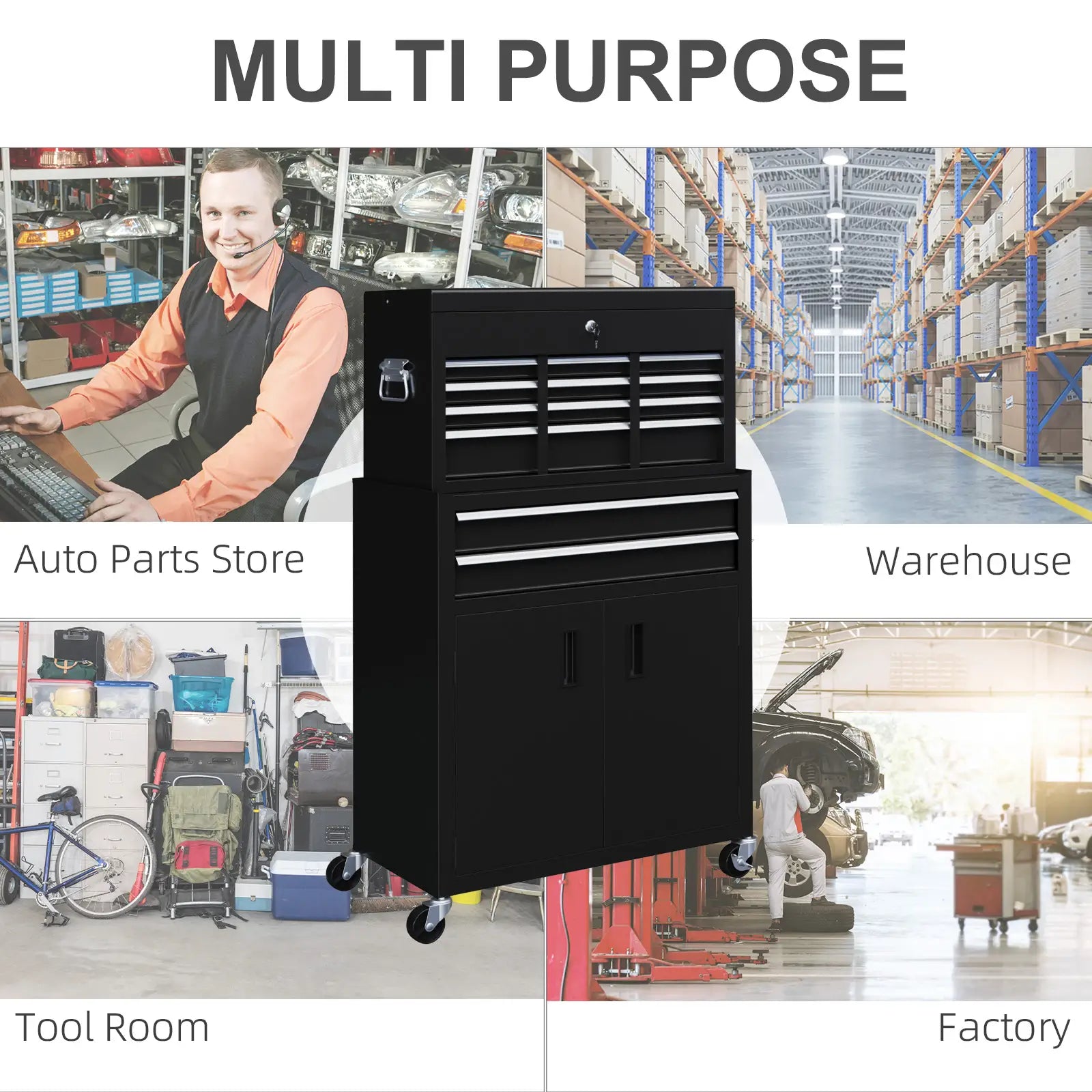 6-Drawer Rolling Tool Chest, Lockable Storage Cabinet with Hooks, Black Tool Organizers at Gallery Canada