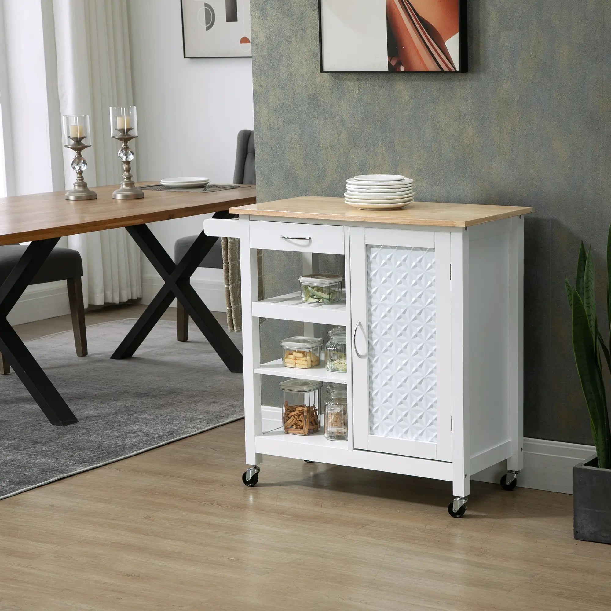 Kitchen Cart on Wheels, Embossed Door Panel, Storage Drawer, White Kitchen Islands & Kitchen Carts at Gallery Canada