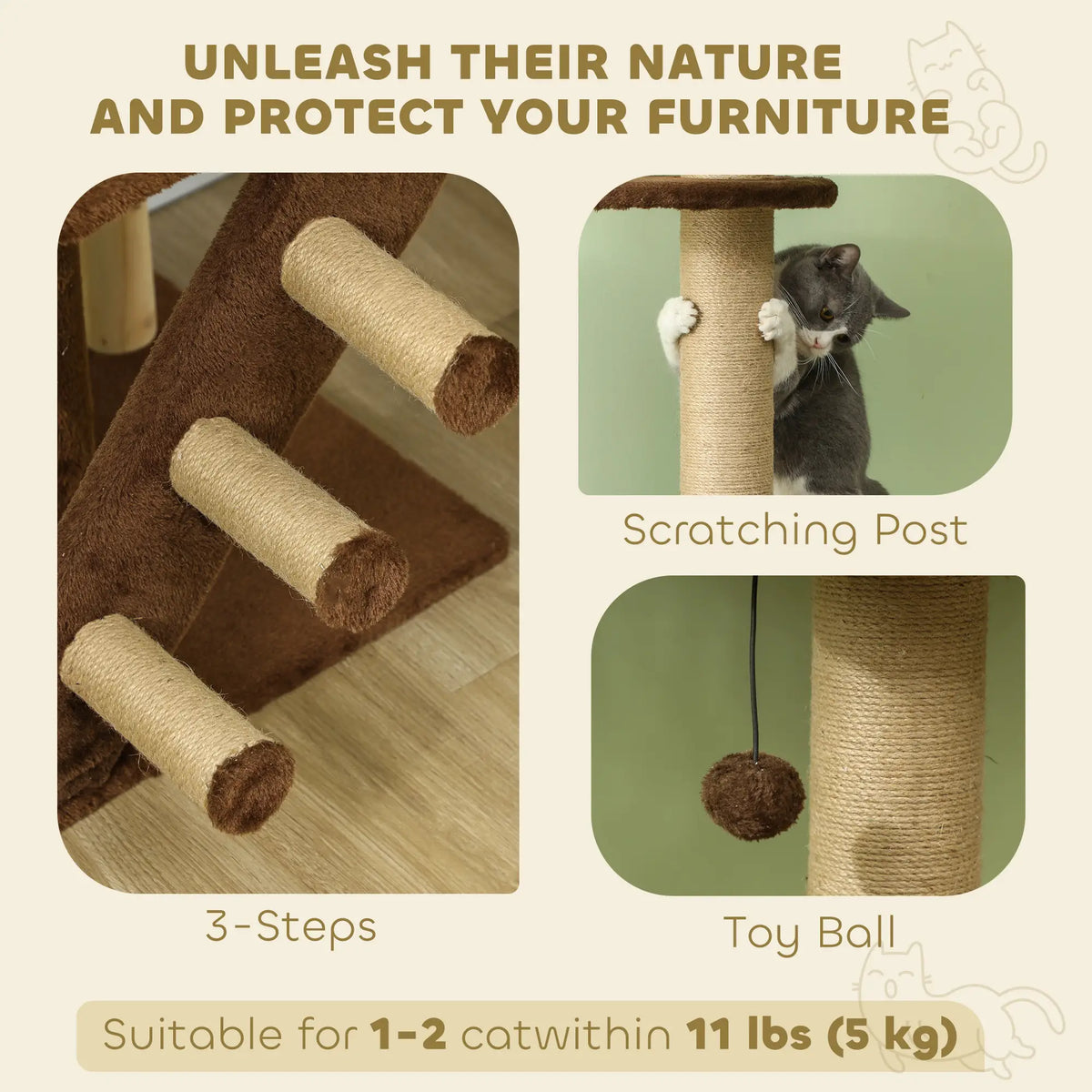 89"-104" Cat Tree with Scratching Post, Cat House, 3-Steps, Hanging Ball, Brown Floor to Ceiling Cat Trees at Gallery Canada
