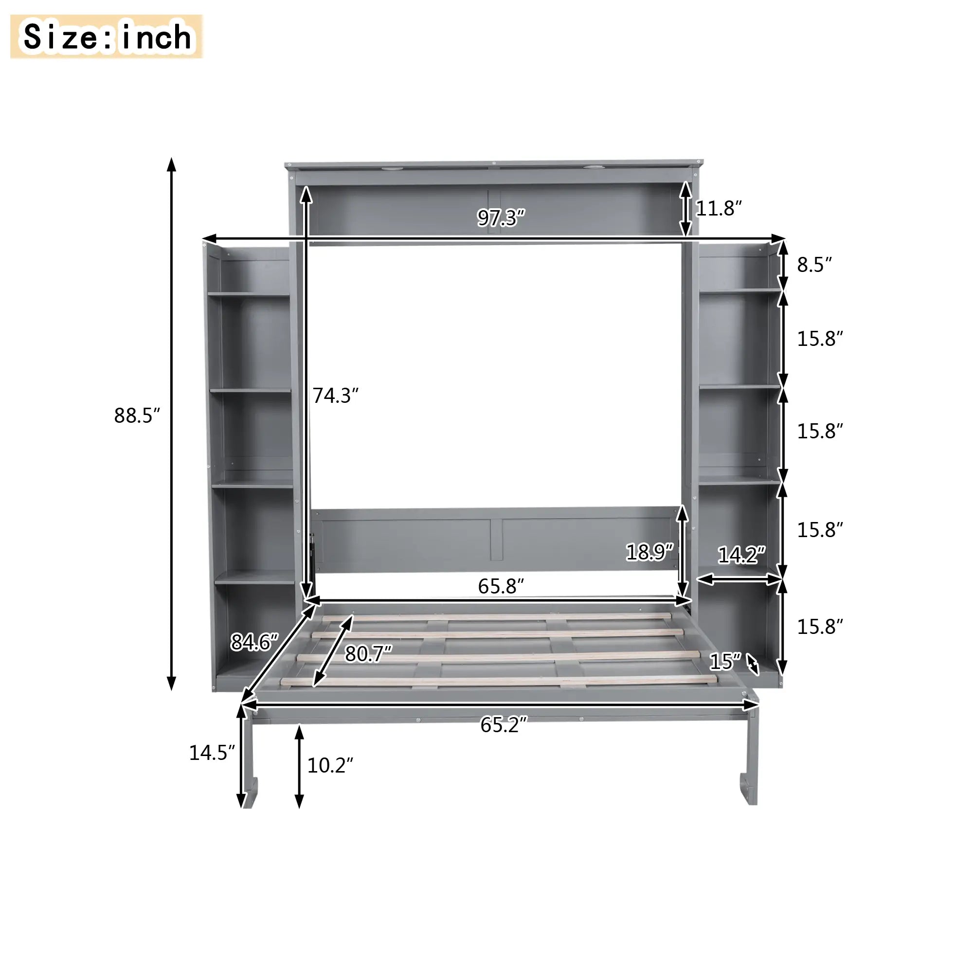 Murphy Bed with Shelves, LED Lights, 97.5