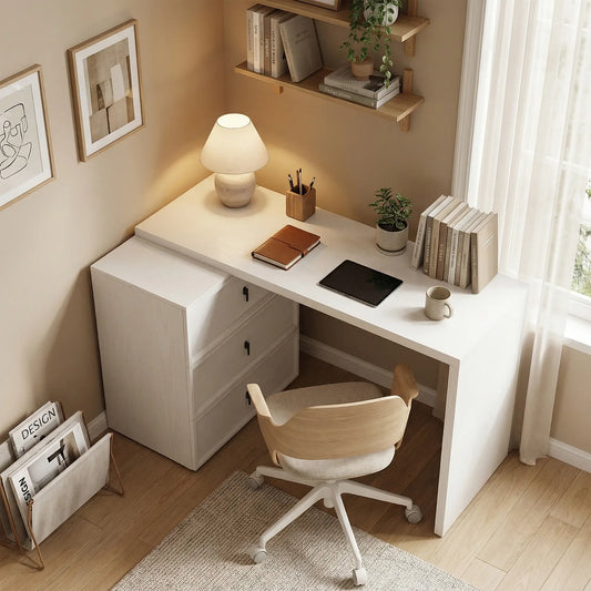 L Shaped Computer Desk, 3 Drawers, White Wood Grain, White Computer Desks White Wood Grain at Gallery Canada