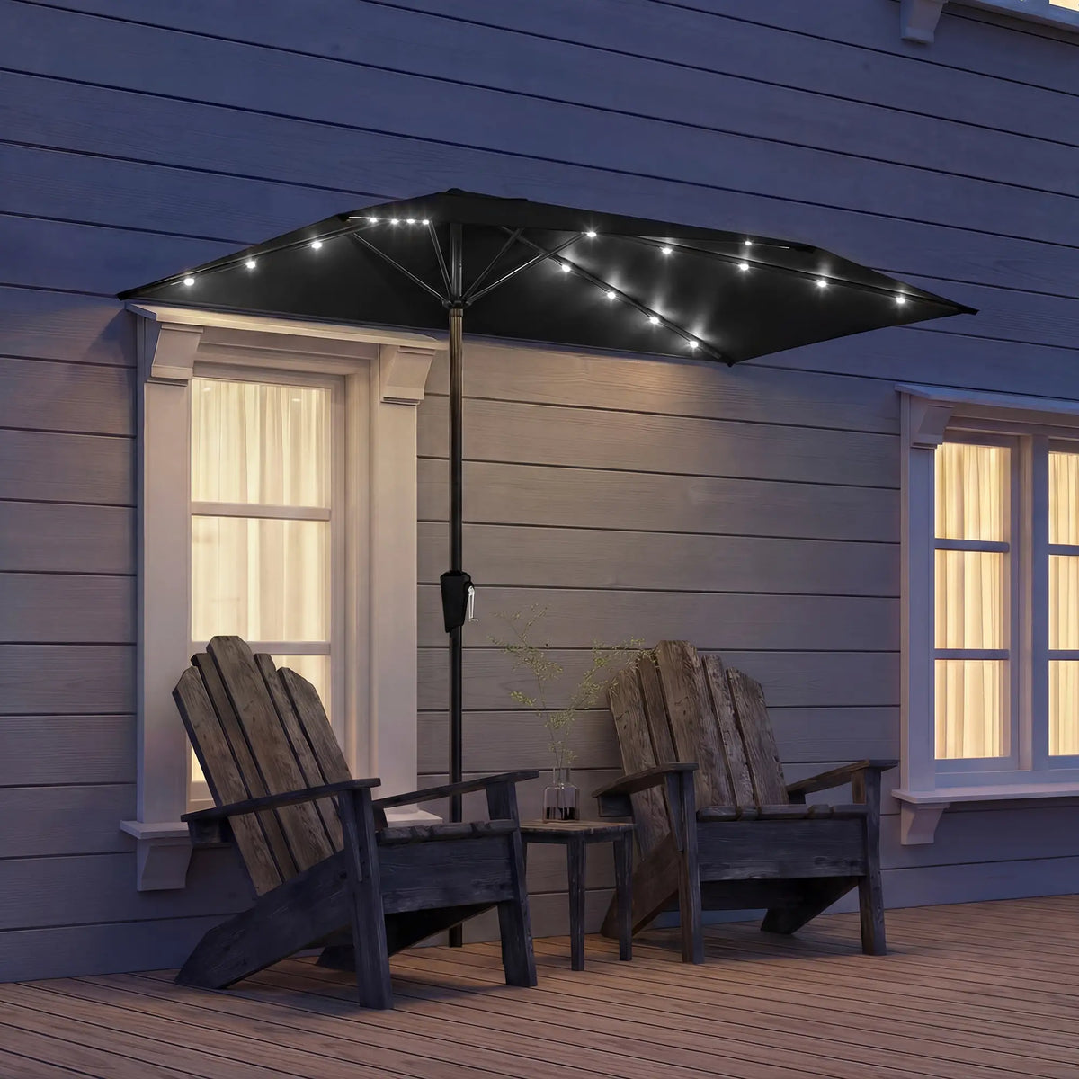 Half Outdoor Patio Umbrella, Solar LED Lights, Crank, 105.1" x 53.5", Black Half Round Umbrellas at Gallery Canada