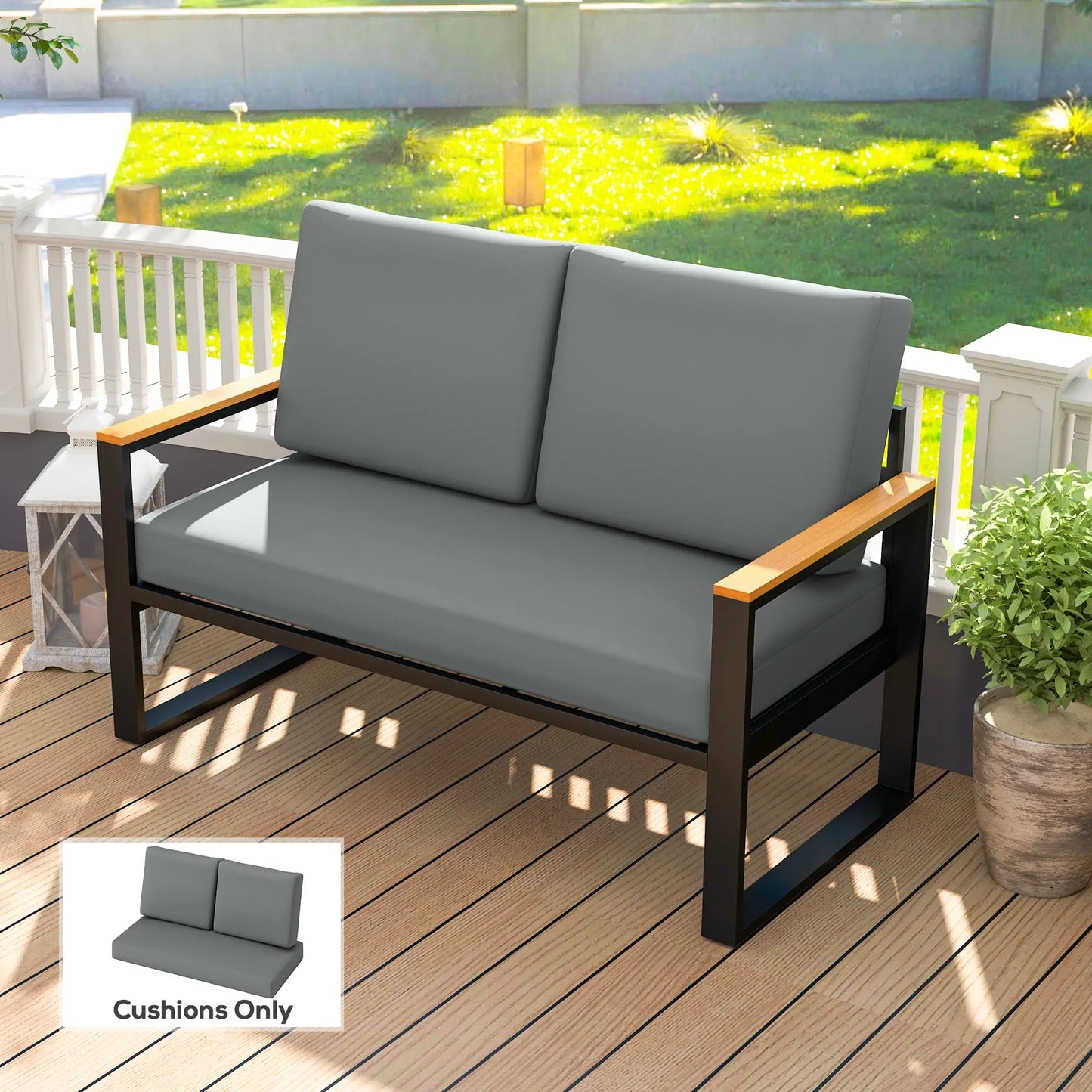2 Seater 5" Thick Outdoor Seat Cushions, 7" Backrest, Light Grey Patio Chair Cushions at Gallery Canada