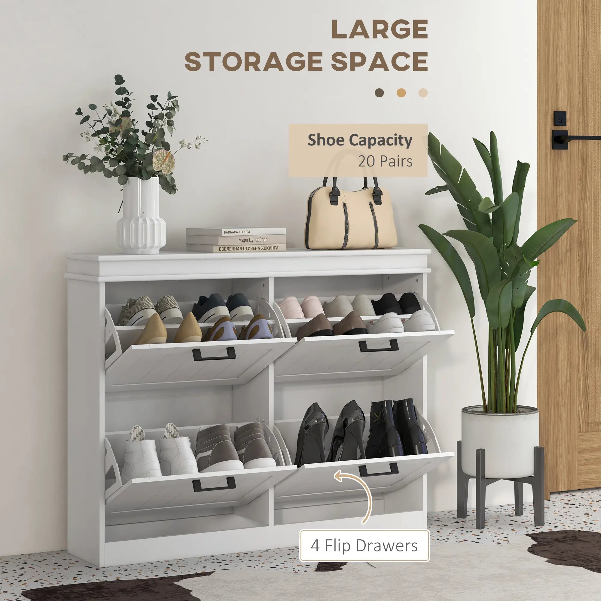 Shoe Storage Cabinet, 4 Flip Drawers, Adjustable Shelves, 20 Pairs, White Shoe Storage Cabinets & Racks at Gallery Canada
