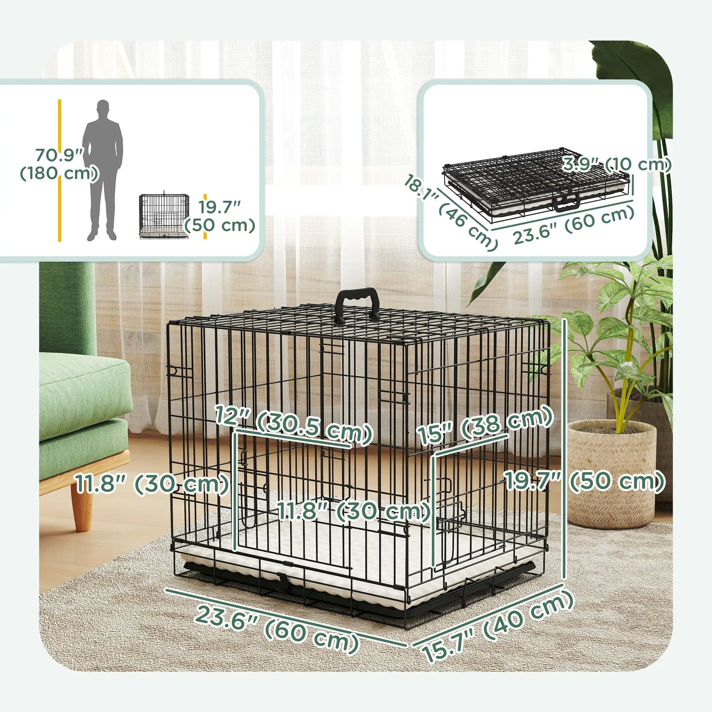 24" Dog Crate, 2 Doors, Folding Metal Cage, Removable Tray, Black Dog Cages & Crates at Gallery Canada