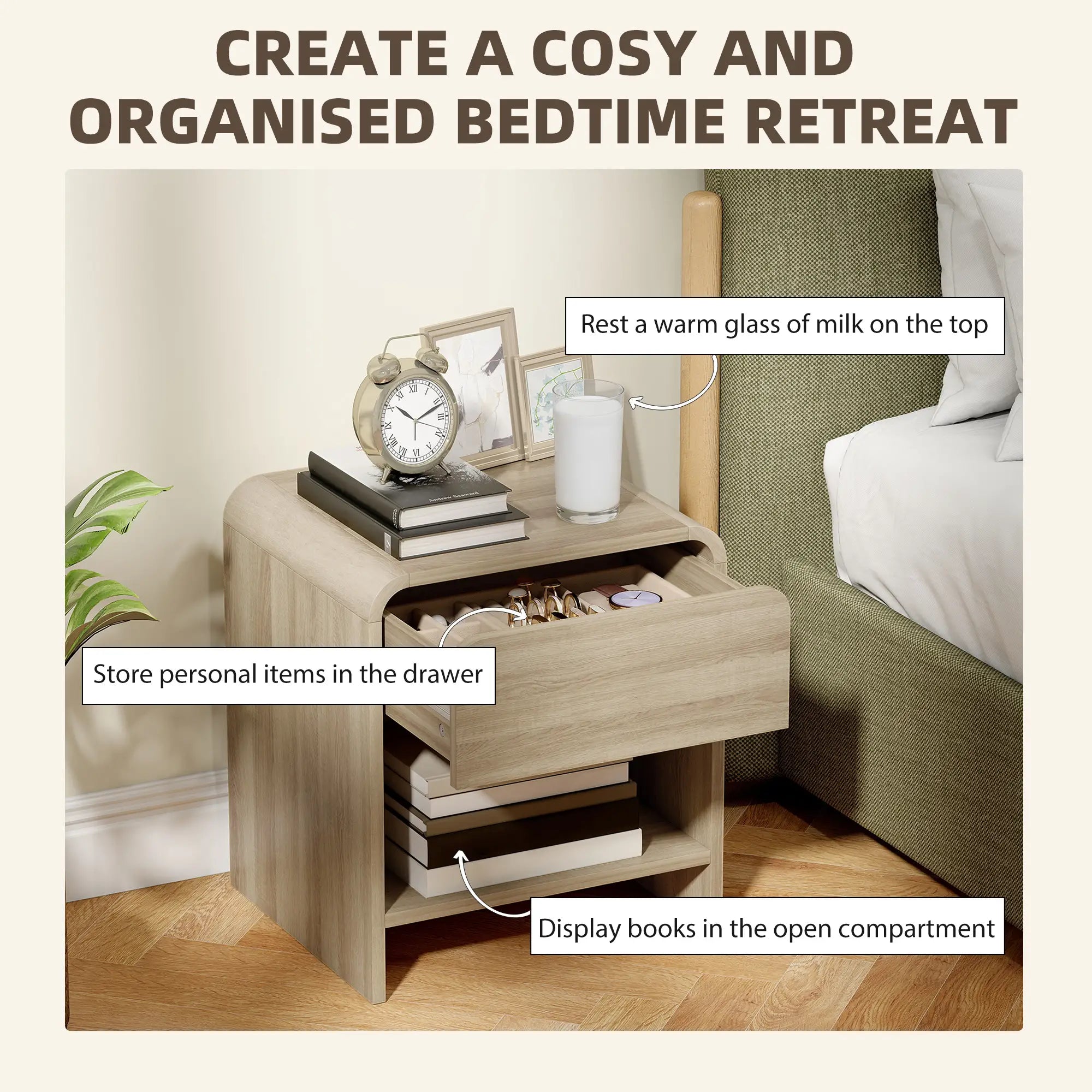 Modern Nightstand Set Of 2, Natural Wood, With Drawer And Open Shelf Bedside Tables at Gallery Canada