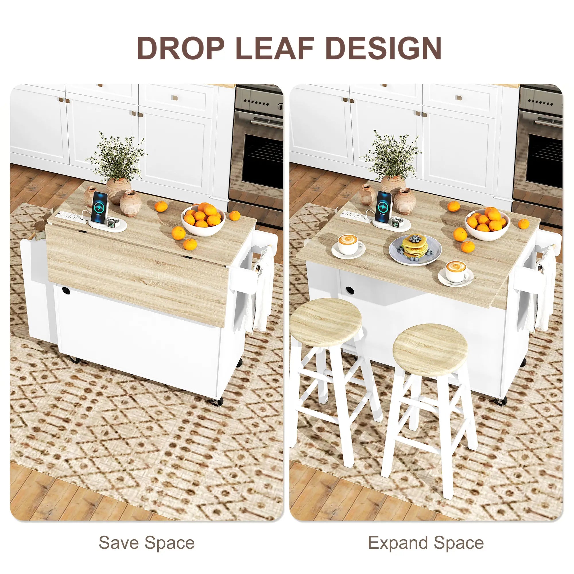 Kitchen Island with Storage, Rolling Cart, Foldable Drop Leaf, Power Outlet, USB Ports, White Kitchen Islands & Kitchen Carts at Gallery Canada