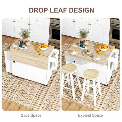 Kitchen Island with Storage, Rolling Cart, Foldable Drop Leaf, Power Outlet, USB Ports, White Kitchen Islands & Kitchen Carts at Gallery Canada
