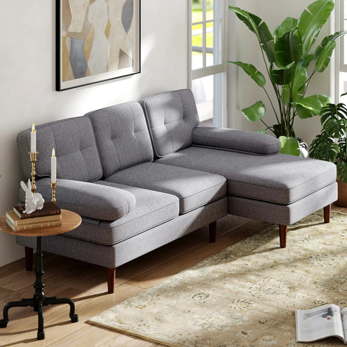 Modern Corner Couch, Right Chaise Lounge, Tufted 3-Seater Sofa, Wooden Legs, Grey