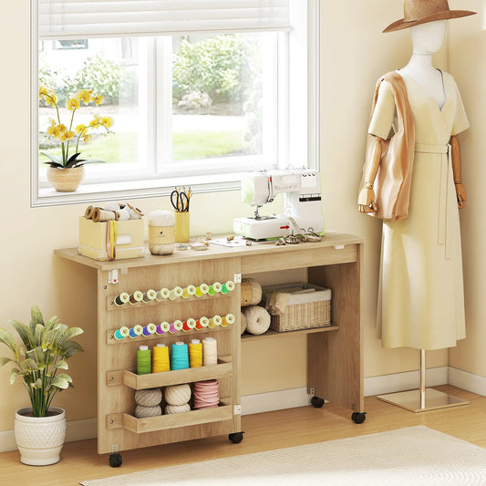 Sewing Machine Table on Wheels, Folding Craft Table with Storage, Natural Storage Cabinets Natural at Gallery Canada