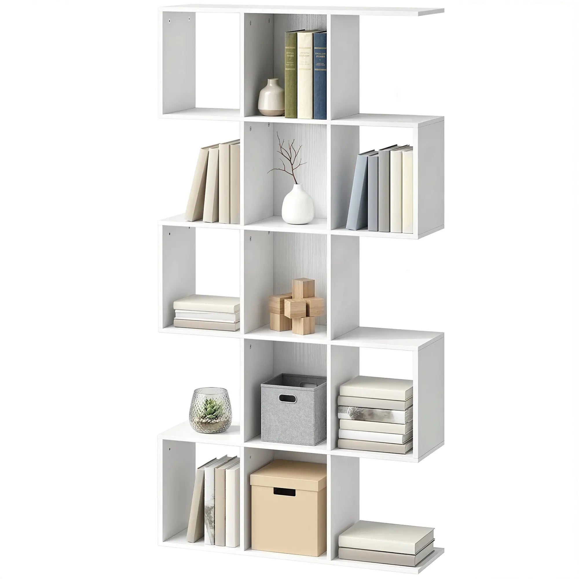 S-Shaped 5-Tier Bookshelf, 15 Compartments, White Wood Grain, White Display Bookshelves White Wood Grain at Gallery Canada