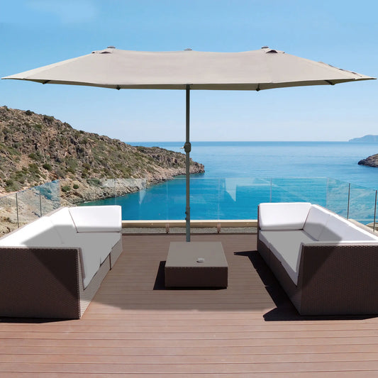15' Outdoor Patio Umbrella, Twin Canopy Sunshade, Steel Table, Light Grey