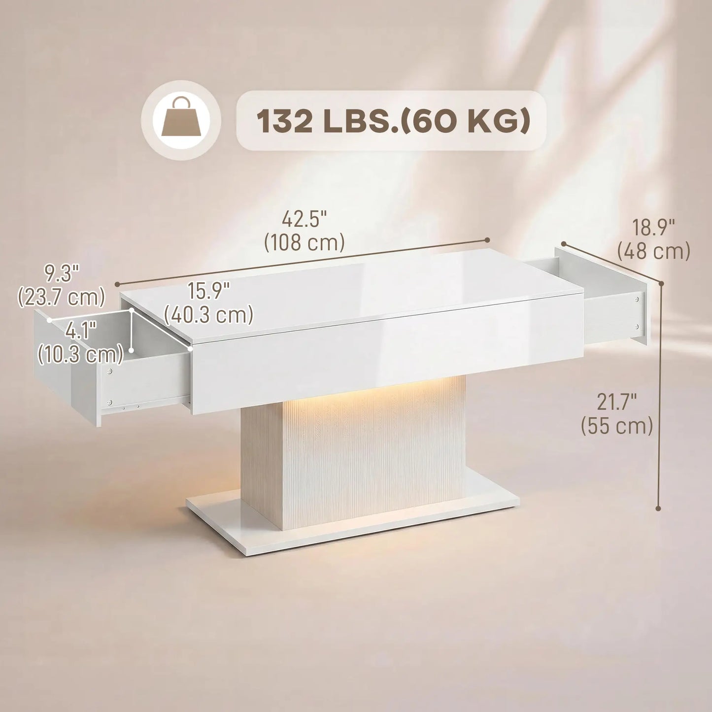 LED Coffee Table with Storage, High Gloss Modern Center Table with 2 Drawers and Remote Control for Living Room, White Coffee Tables at Gallery Canada