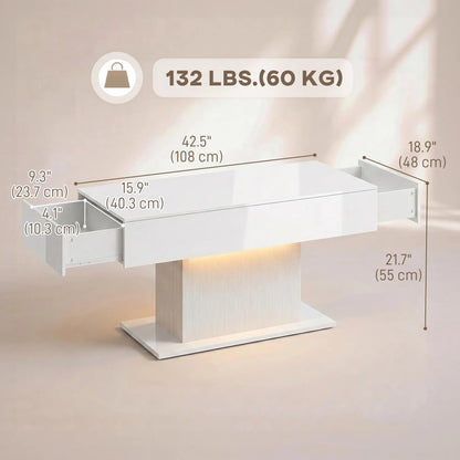 LED Coffee Table with Storage, High Gloss Modern Center Table with 2 Drawers and Remote Control for Living Room, White Coffee Tables at Gallery Canada